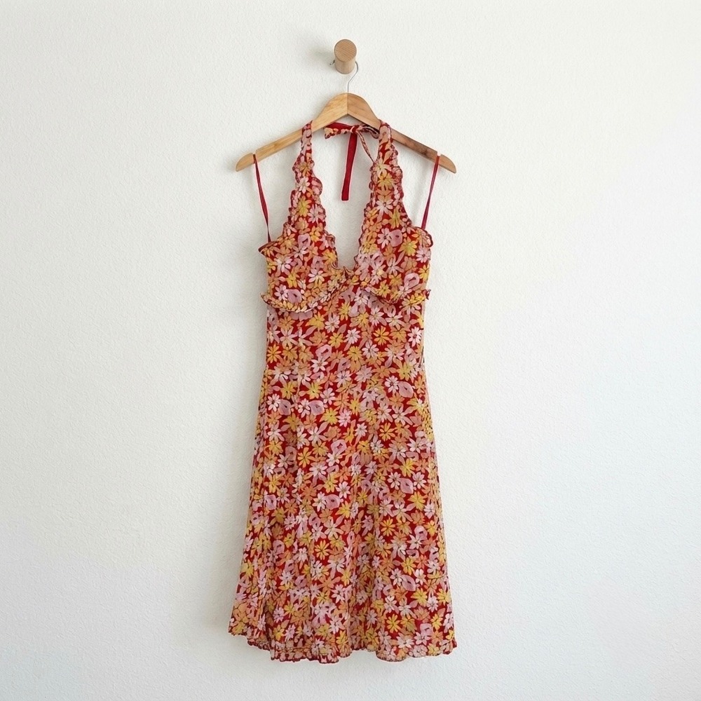 Odille Anthropologie Red Floral Cotton Halter Midi Dress Ruffle Neckline Size 4